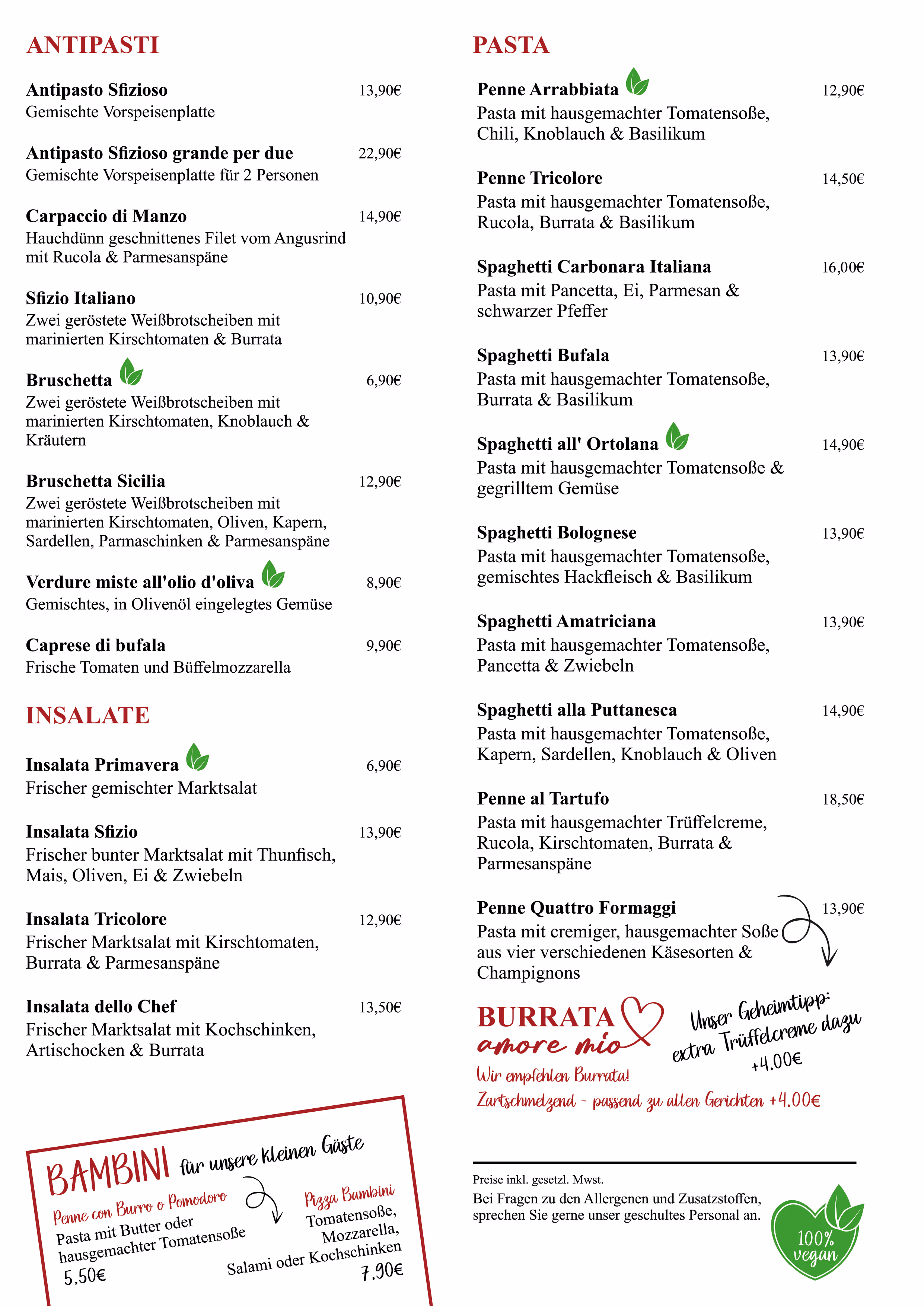 Speisekarte von La Mia Mamma mit Willkommensgruß, Erklärungen zu italienischer Küche und mediterranen Gerichten, sowie Wissenswertes zu Dohna, Pizza Margherita und aktiven Vulkanen in Italien.