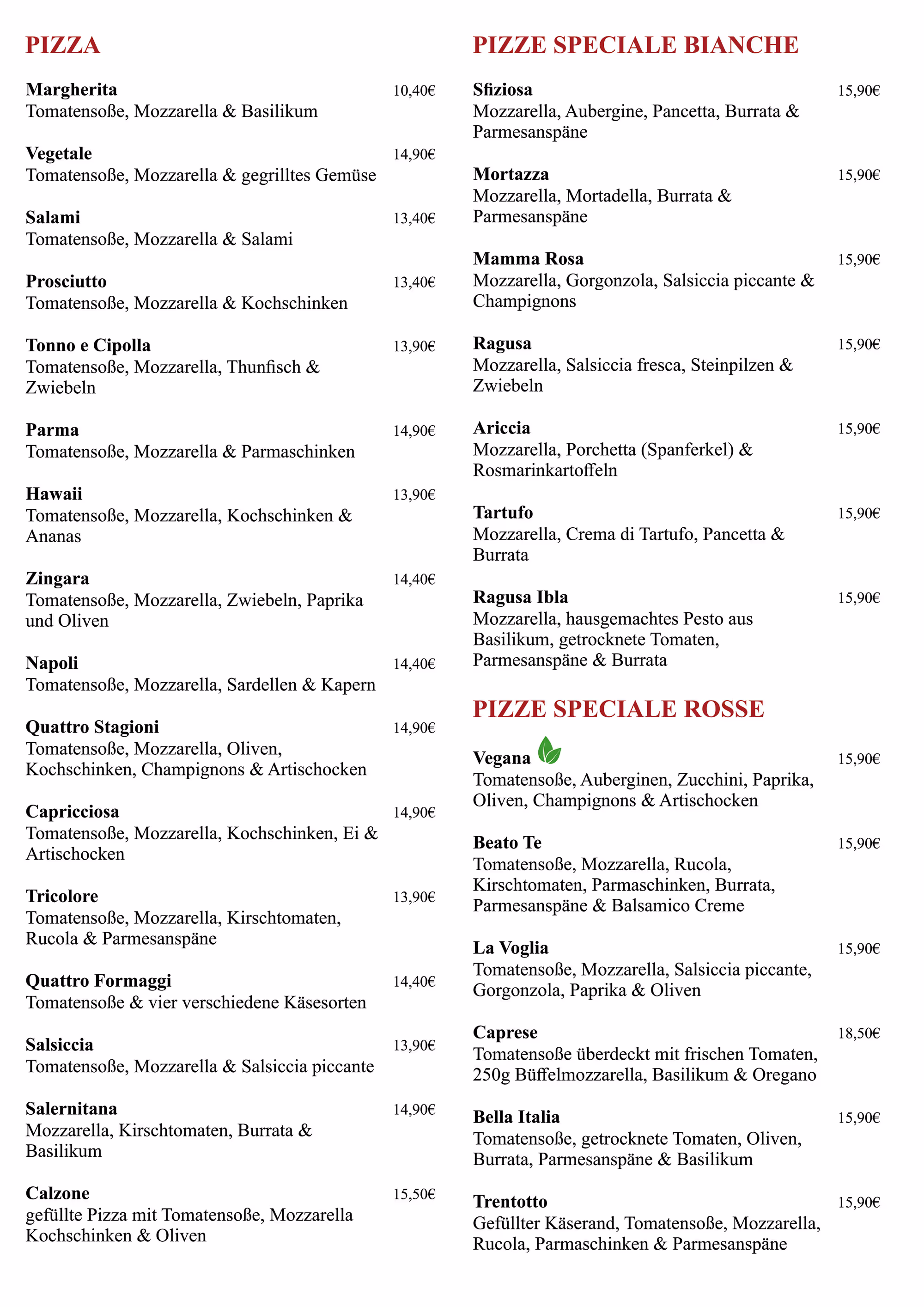 Speisekarte von La Mia Mamma mit Willkommensgruß, Erklärungen zu italienischer Küche und mediterranen Gerichten, sowie Wissenswertes zu Dohna, Pizza Margherita und aktiven Vulkanen in Italien.